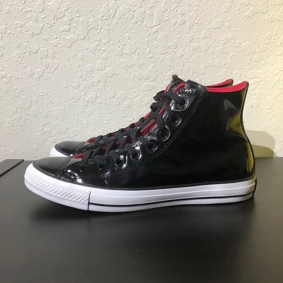 converse black patent leather hightop tennis shoes